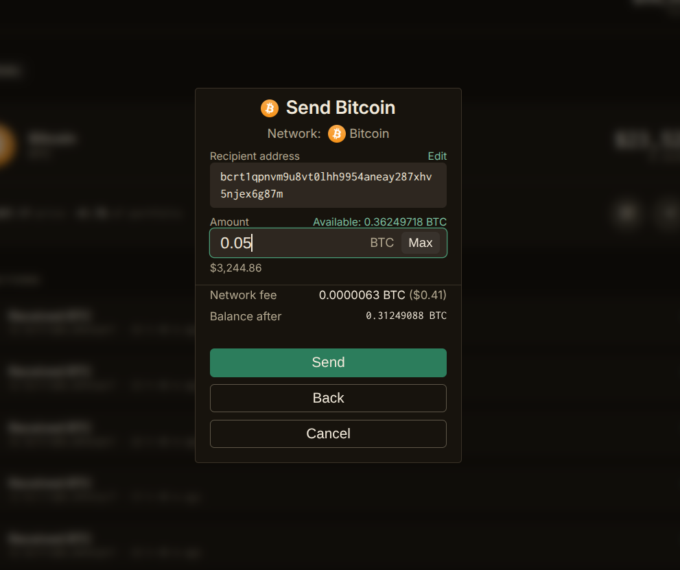 Sending Bitcoin: the recipient's address, an amount of 0.05 BTC shown as $3,244.86, the fee in both BTC and dollars, and the balance left afterward.