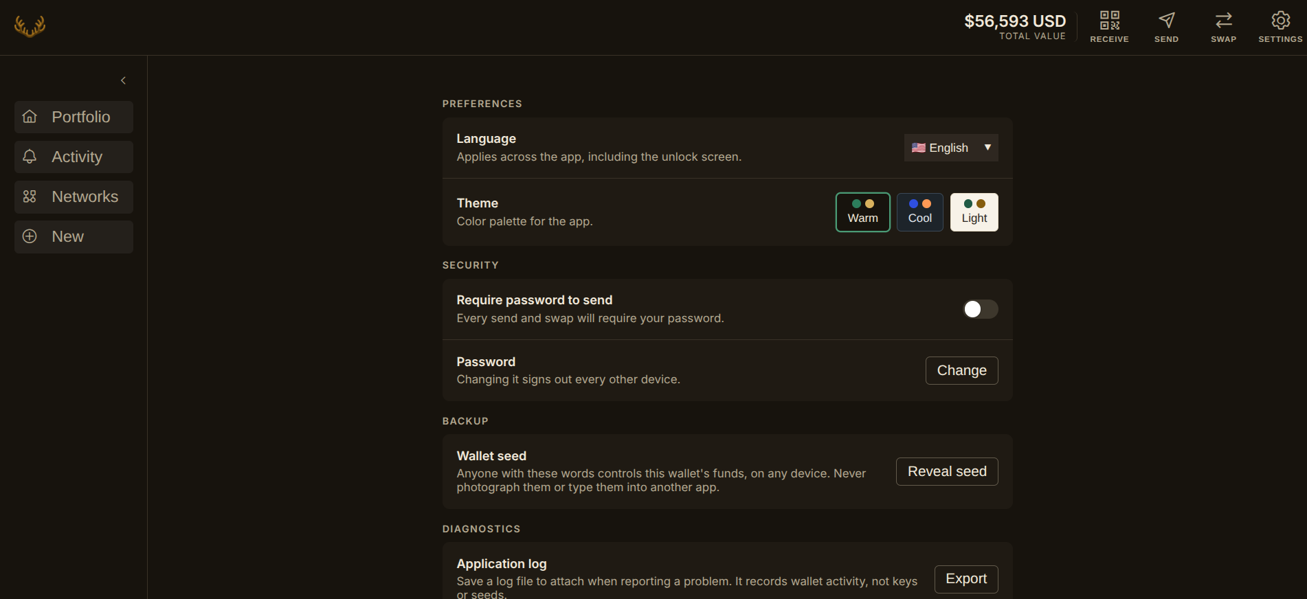 The settings screen: language and color theme, a switch to require a password for every send, a password change, and a button to reveal the backup words.